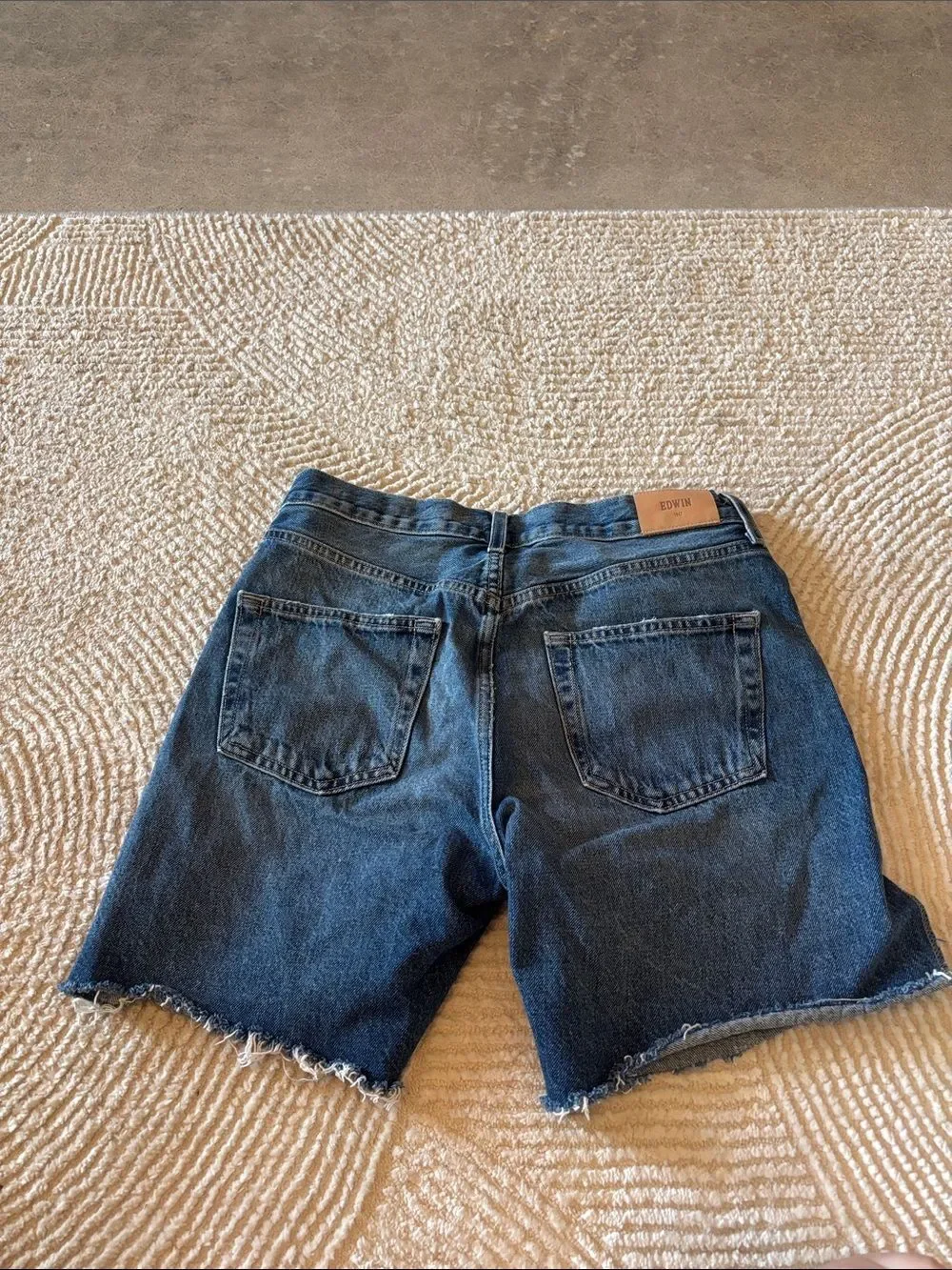 Edwin Dark Blue Denim Cutoff Shorts with Frayed Hem